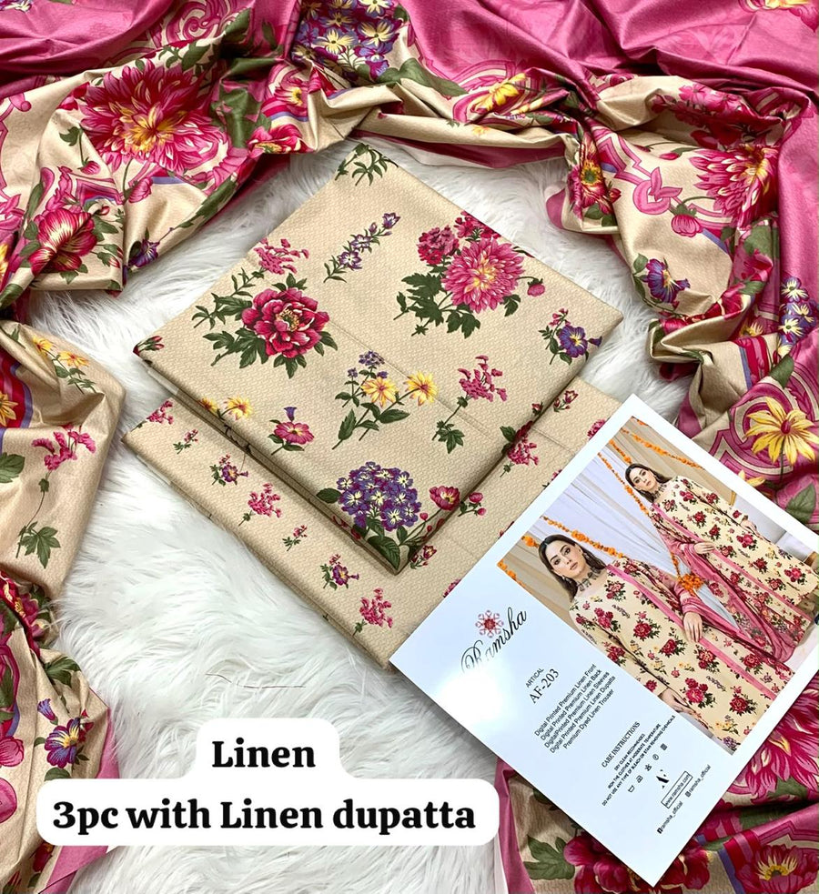 Ramsha Beige Garden Bouquet 3Pc Unstitched Linen Suit with Linen Dupatta