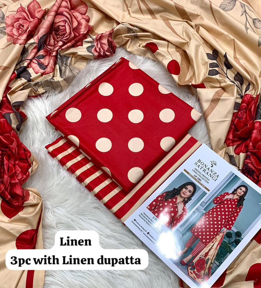 Bonanza Satrangi Red Polka Dot 3Pc Unstitched Linen Suit with Linen Dupatta