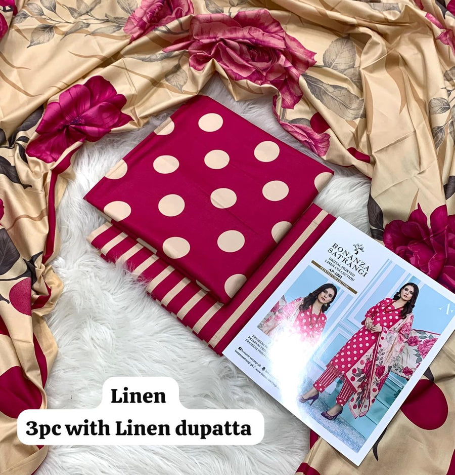 Bonanza Satrangi Rani Polka Dot 3Pc Unstitched Linen Suit with Linen Dupatta