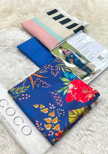Coco, Orient & Sana Safinaz Designer Lawn 3-Piece Unstitched Suit Vol. 1 – Printed Voil Dupatta & Cambric Trouser
