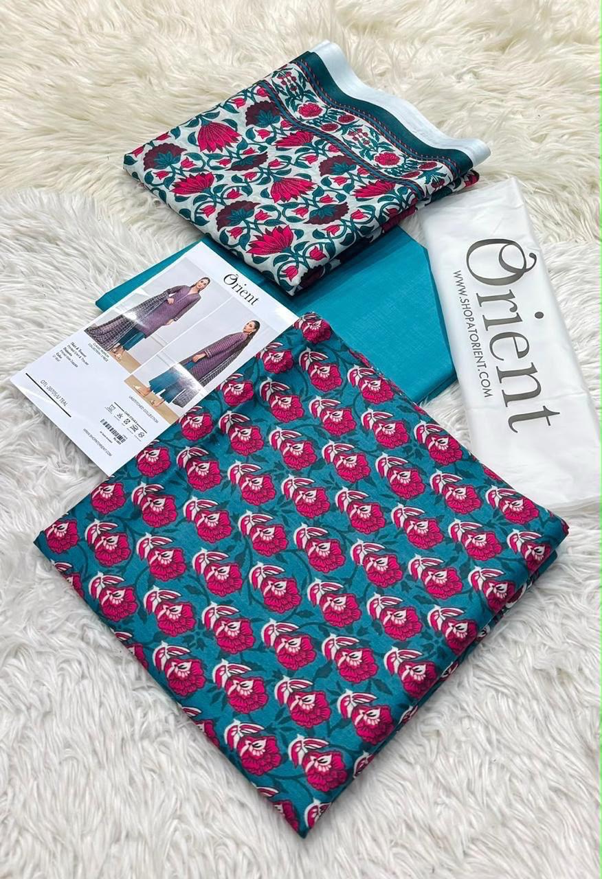 Orient Designer Teal Floral Lawn 3-Piece Unstitched Suit Vol. 1 – Printed Voil Dupatta & Cambric Trouser