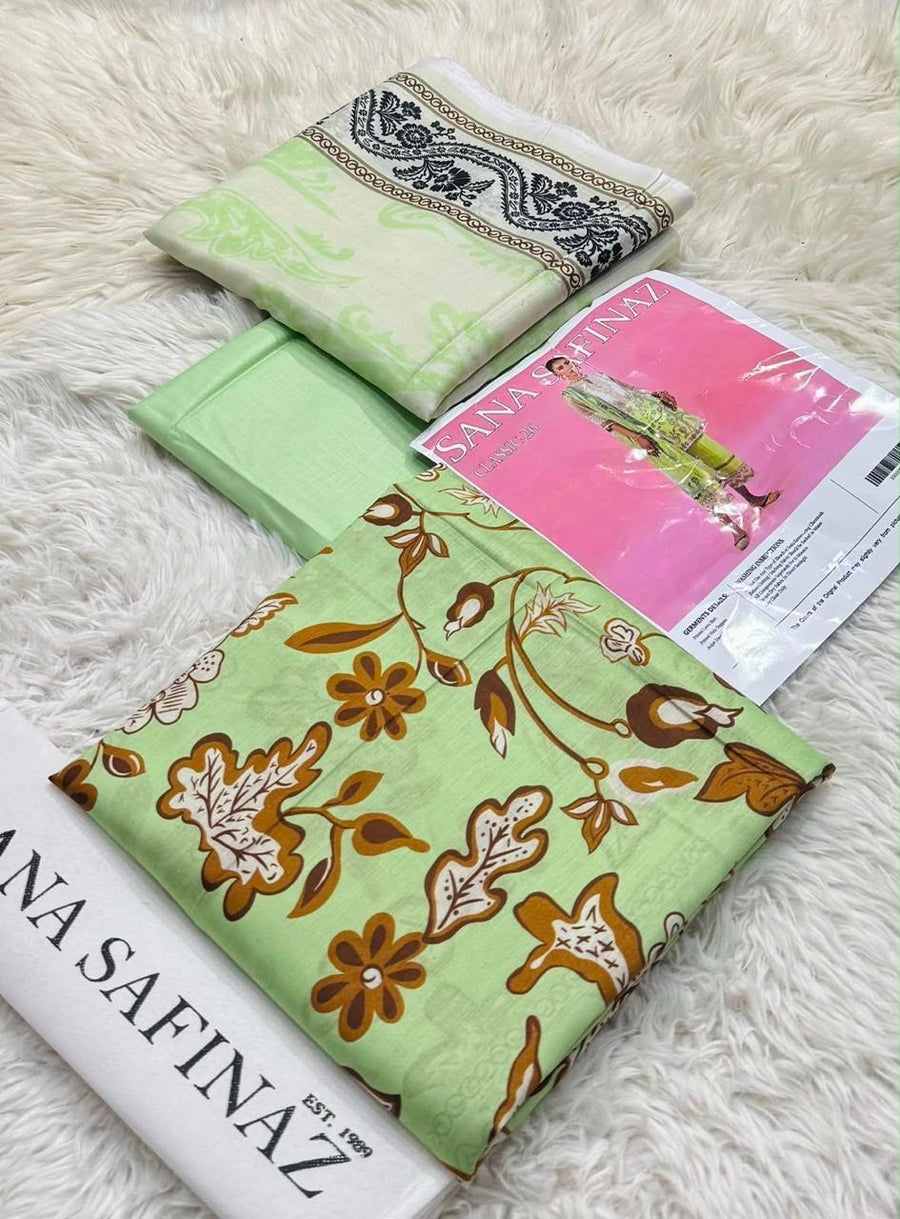 Sana Safinaz Designer Mint Green & Earthy Floral Lawn 3-Piece Unstitched Suit Vol. 1 – Printed Voil Dupatta & Cambric Trouser