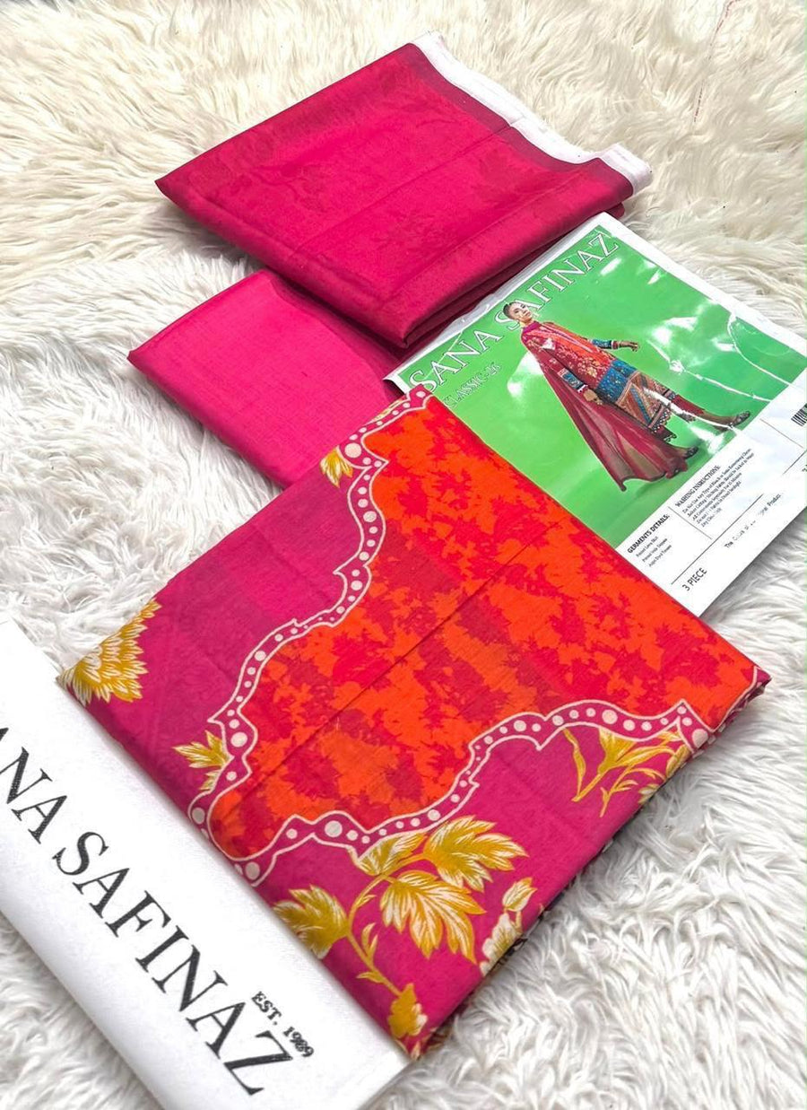 Sana Safinaz Designer Vibrant Magenta & Orange Floral Lawn 3-Piece Unstitched Suit Vol. 1 – Printed Voil Dupatta & Cambric Trouser