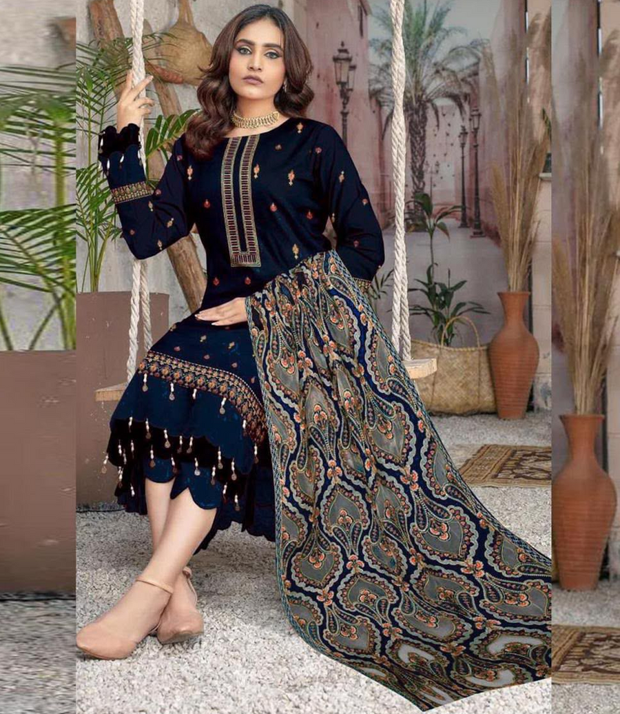 Bareeza Designer Navy Blue Heavy Embroidered Dhanak 3-Piece Winter Suit – Sequins Sleeves & Applique Shawl