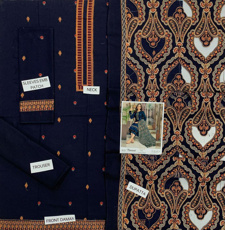 Bareeza Designer Navy Blue Heavy Embroidered Dhanak 3-Piece Winter Suit – Sequins Sleeves & Applique Shawl