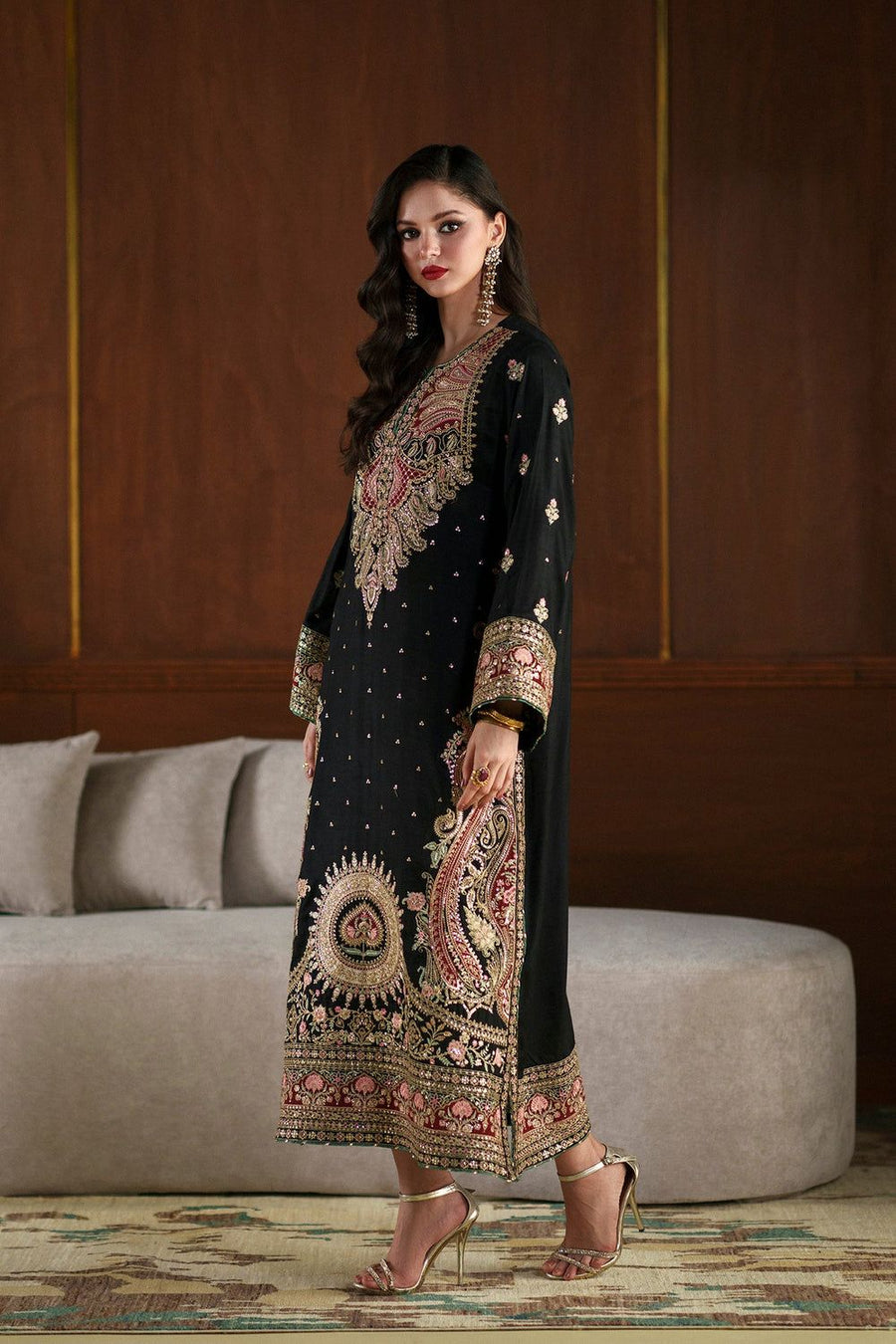 Ethnic Designer Black Heavy Embroidered Shamooz Silk Kaftan Suit – Apple Silk Embroidered Dupatta & Shamooz Trouser