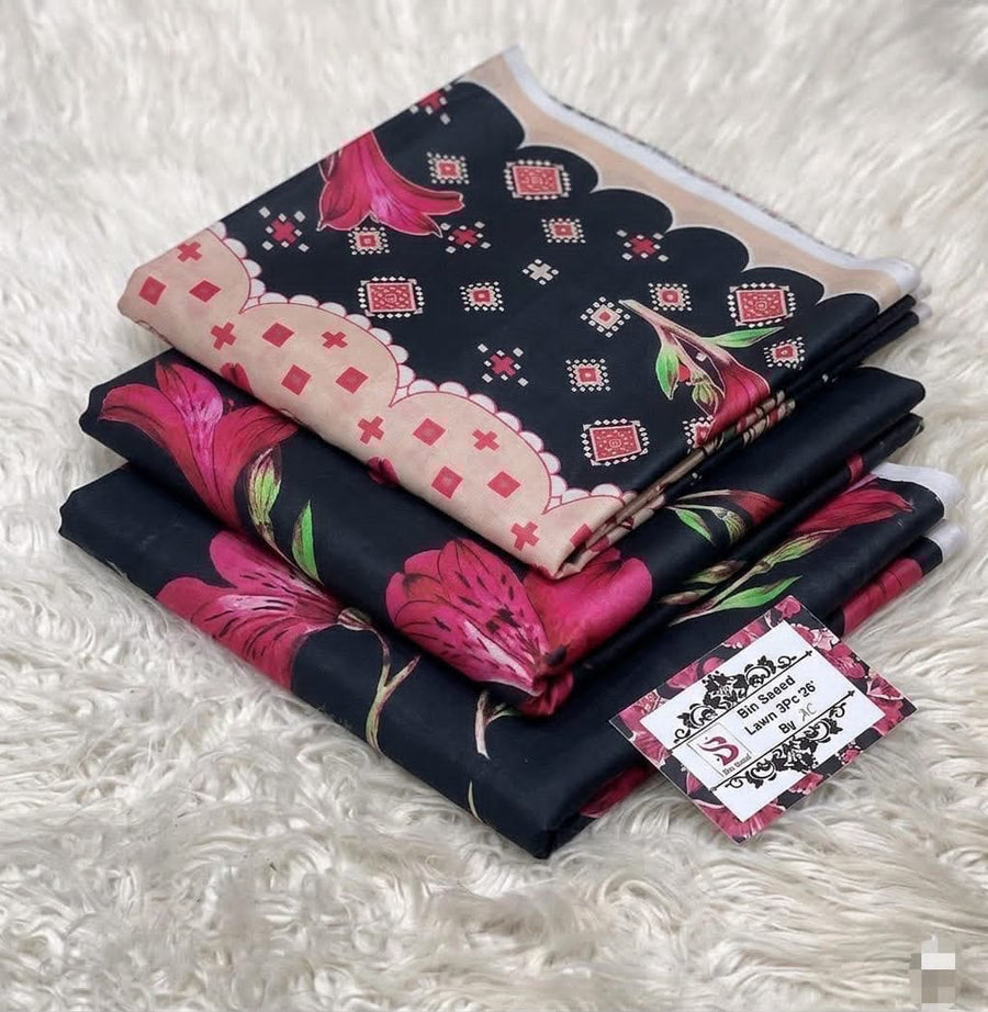 Bin Saeed Elegant Black & Pink Floral Printed Lawn 3-Piece Collection 2026