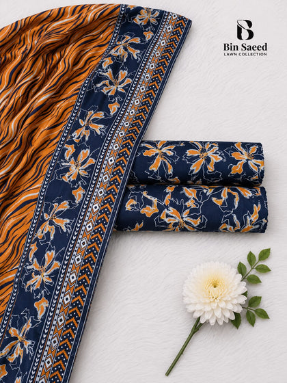 Bin Saeed Premium Printed Lawn 3-Piece Unstitched Suit – Navy Blue & Orange Floral