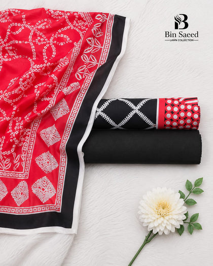Bin Saeed Premium Printed Lawn 3-Piece Unstitched Suit – Red & Black Collection