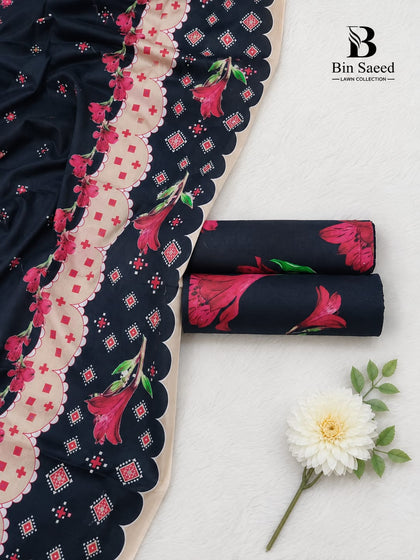 Bin Saeed Premium Printed Lawn 3-Piece Unstitched Suit – Navy Blue & Pink Floral