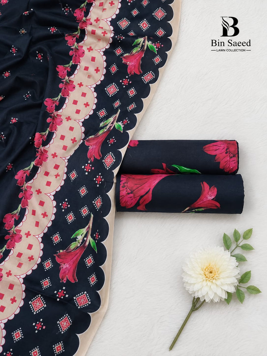 Bin Saeed Premium Printed Lawn 3-Piece Unstitched Suit – Navy Blue & Pink Floral