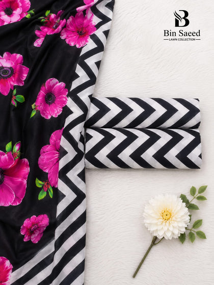 Bin Saeed Premium Printed Lawn 3-Piece Unstitched Suit – Black & Pink Floral
