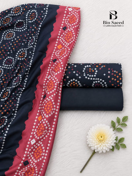 Bin Saeed Premium Printed Lawn 3-Piece Unstitched Suit – Navy Blue & Pink