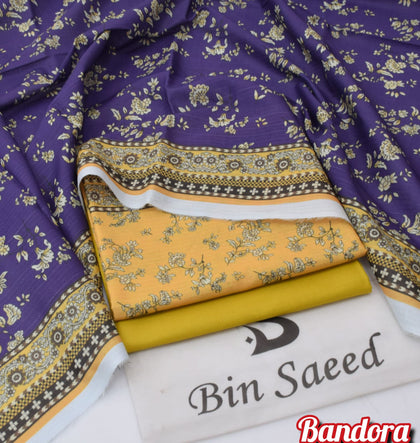 : Mix Brands 3-Piece Digital Lawn Suit – Warm Ochre Yellow Floral Shirt with Deep Purple Dupatta