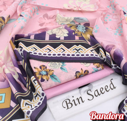 Mix Brands 3-Piece Digital Lawn Suit – Pastel Pink Floral Shirt with Geometric Border Dupatta