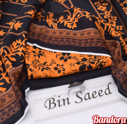 Mix Brands 3-Piece Digital Lawn Suit – Vibrant Orange Floral Shirt with Black Ethnic Border Dupatta