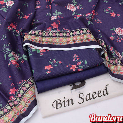Premium Digital Printed 3PC Lawn Suit – Deep Purple & Coral Pink Floral Bandora Collection 2026