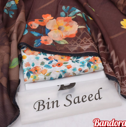 Mix Brands 3-Piece Digital Lawn Suit – Off-White Floral Shirt with Chocolate Brown Dupatta