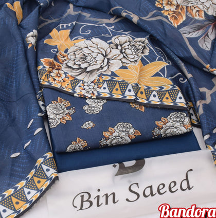 Mix Brands 3-Piece Digital Lawn Suit – Deep Navy Blue Floral Shirt with Geometric Border Dupatta