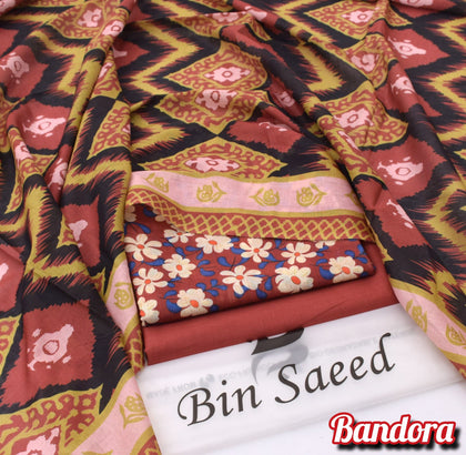Mix Brands 3-Piece Digital Lawn Suit – Brick Red Floral Shirt with Ethnic Ikat Pattern Dupatta