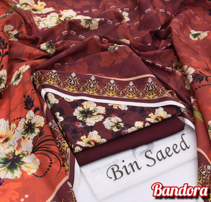 Mix Brands 3-Piece Digital Lawn Suit – Deep Maroon Floral Shirt with Ornate Ethnic Border Dupatta