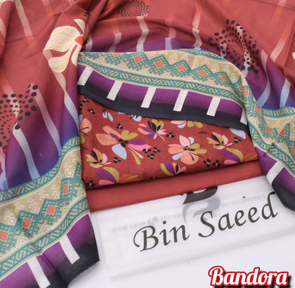 Mix Brands 3-Piece Digital Lawn Suit – Terracotta Red Floral Shirt with Purple Geometric Dupatta