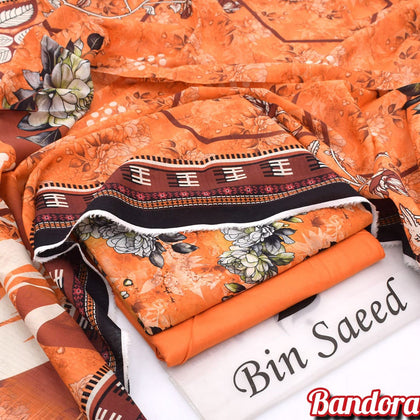 Mix Brands 3-Piece Digital Lawn Suit – Warm Rust Orange Floral Shirt with Chocolate Brown Border Dupatta