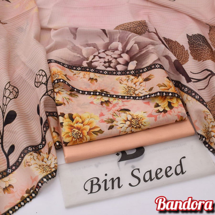 Premium Digital Printed 3PC Lawn Suit – Soft Peach & Golden Floral Bandora Collection 2026