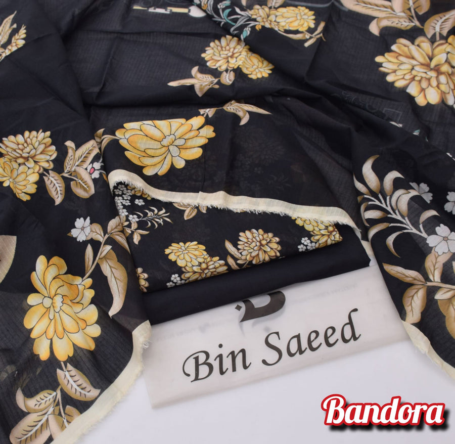 Mix Brands 3-Piece Digital Lawn Suit – Charcoal Black Chrysanthemum Floral Shirt with Matching Dupatta