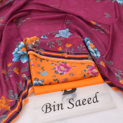 Premium Digital Printed 3PC Lawn Suit – Vibrant Magenta Plum & Orange Floral Bandora Collection 2026