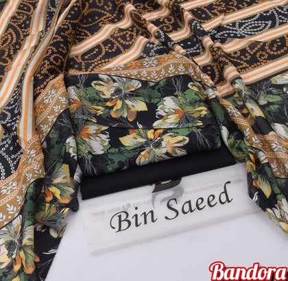 Premium Digital Printed 3PC Lawn Suit – Jet Black & Mustard Floral Bandora Collection 2026