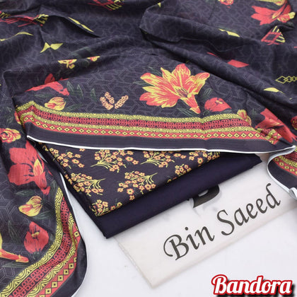 Premium Digital Printed 3PC Lawn Suit – Midnight Black & Crimson Floral Bandora Collection 2026