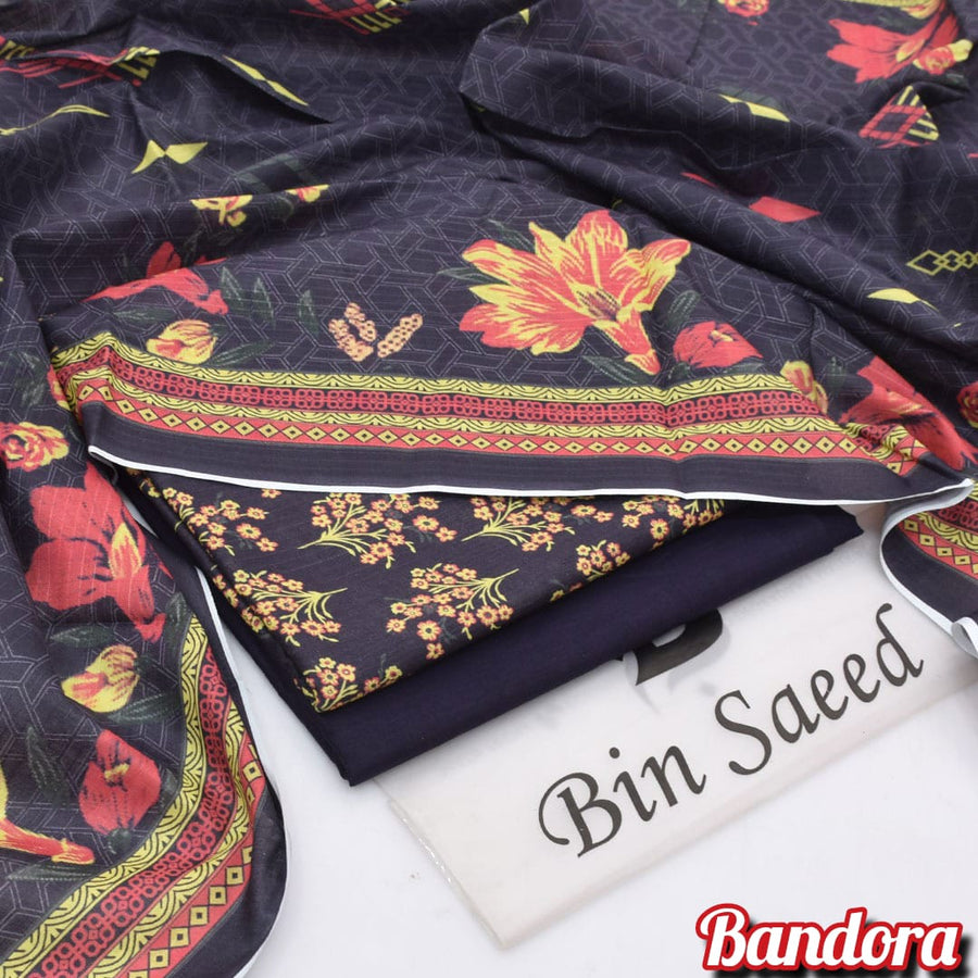 Premium Digital Printed 3PC Lawn Suit – Midnight Black & Crimson Floral Bandora Collection 2026