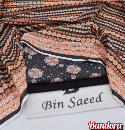Premium Digital Printed 3PC Lawn Suit – Jet Black & Terracotta Polka Dot Bandora Collection 2026