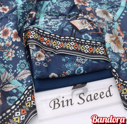 Mix Brands 3-Piece Digital Lawn Suit – Royal Navy Blue Shirt with Geometric Tribal Border