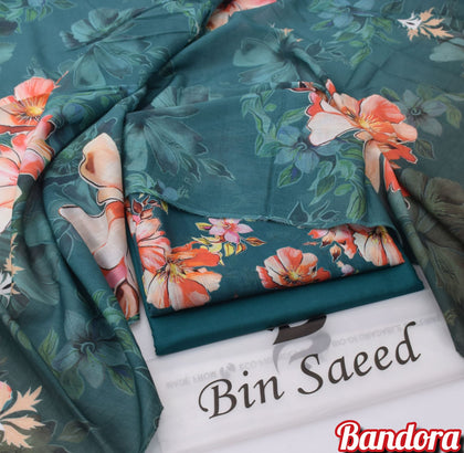 Premium Digital Printed 3PC Lawn Suit – Teal Green & Coral Floral Bandora Collection 2026