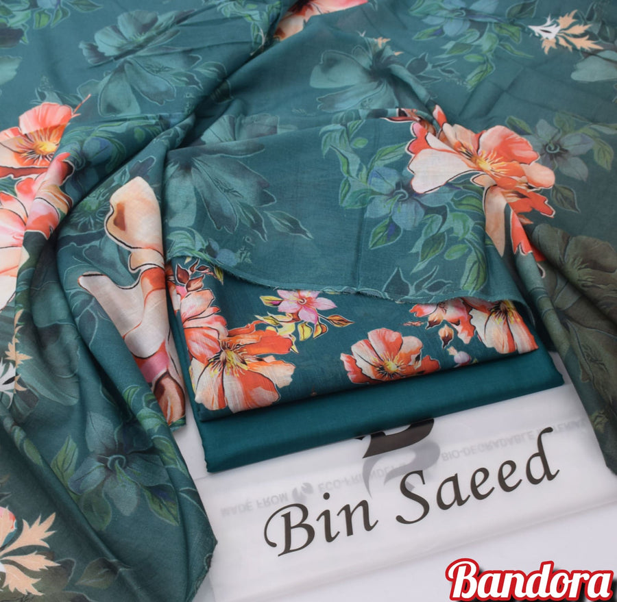 Premium Digital Printed 3PC Lawn Suit – Teal Green & Coral Floral Bandora Collection 2026
