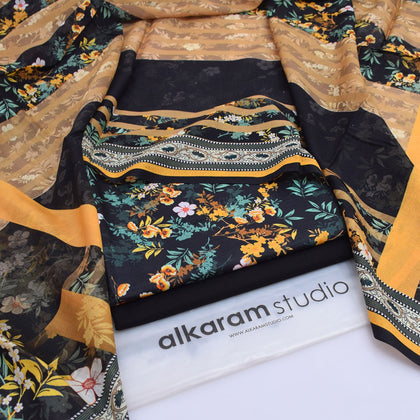 Alkaram Studio 3-Piece Digital Lawn Suit – Charcoal Black Wildflower Shirt with Mustard Striped Voil Dupatta