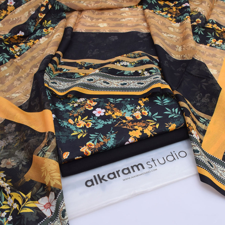 Alkaram Studio 3-Piece Digital Lawn Suit – Charcoal Black Wildflower Shirt with Mustard Striped Voil Dupatta