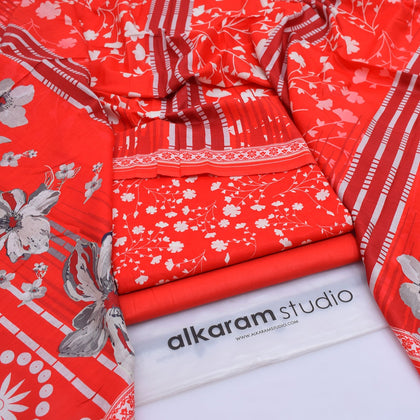 Alkaram Digital Printed 3-Piece Summer Lawn Suit 90/70 Quality Crimson Red Floral Shirt Voil Dupatta & Dyed Trouser