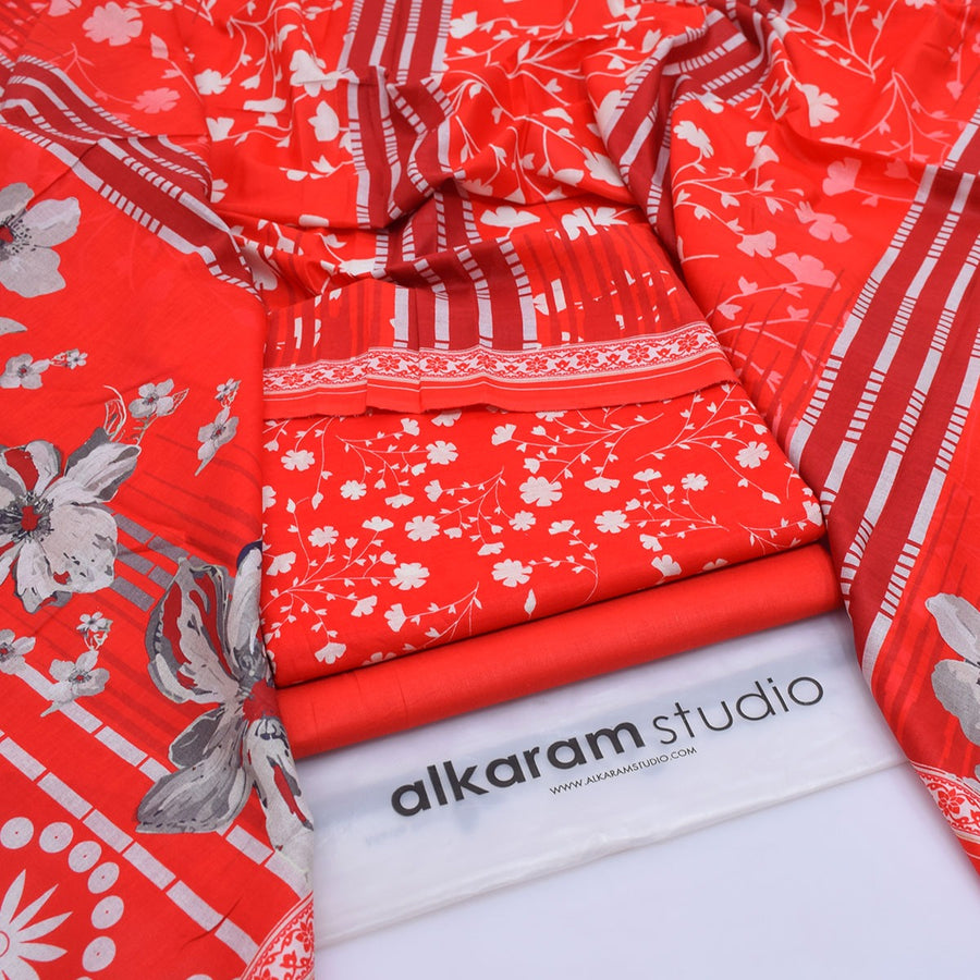 Alkaram Digital Printed 3-Piece Summer Lawn Suit 90/70 Quality Crimson Red Floral Shirt Voil Dupatta & Dyed Trouser