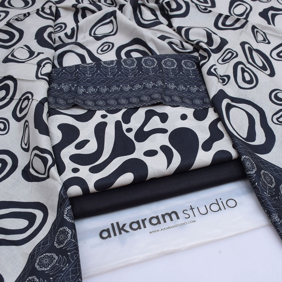 Alkaram Studio 3-Piece Digital Lawn Suit – Off-White Abstract Pebble Shirt with Ethnic Floral Border Voil Dupatta