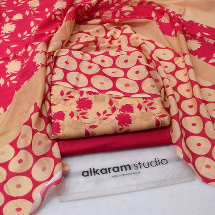 Alkaram Studio 3-Piece Digital Lawn Suit – Cream Beige Floral Vine Shirt with Polka Dot Voil Dupatta