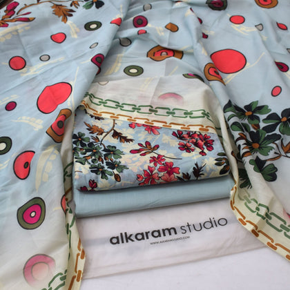 Alkaram Digital Printed 3-Piece Summer Lawn Suit 90/70 Quality Sky Blue Floral Shirt Voil Dupatta & Dyed Trouser