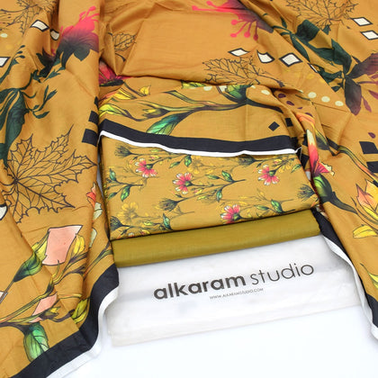 Alkaram Digital Printed 3-Piece Summer Lawn Suit 90/70 Quality Mustard Gold Floral Shirt Voil Dupatta & Dyed Trouser