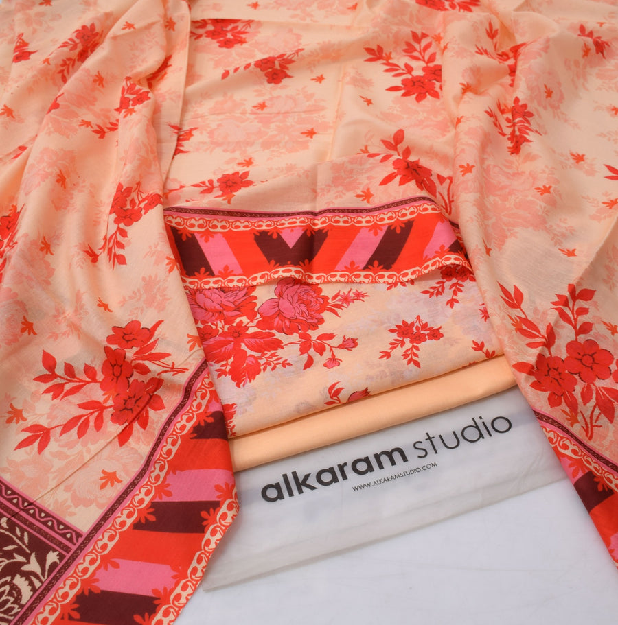 Alkaram Digital Printed 3-Piece Summer Lawn Suit 90/70 Quality Soft Lavender Purple Floral Shirt Voil Dupatta & Dyed Trouser