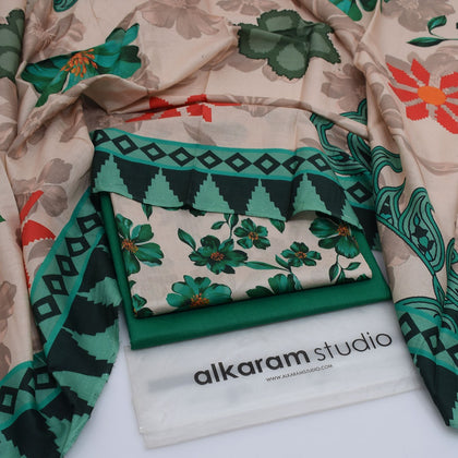 Alkaram Studio Digital Printed 3PC Lawn Suit – Beige & Emerald Green Floral Summer Collection 2026