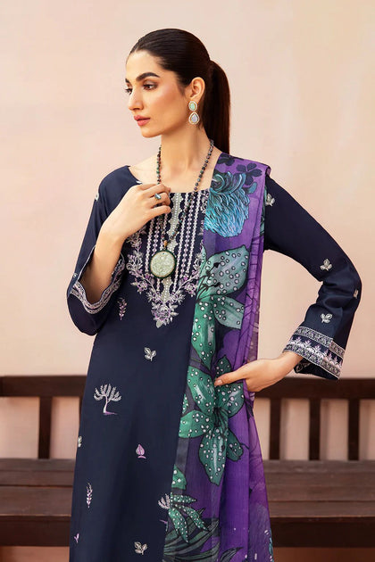 URGE Pure Lawn 3-Piece Navy Blue Embroidered Suit with Digital Printed Purple and Green Dupatta