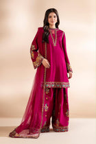 Charizma 3-Piece Luxury Silk Suit – Magenta Pink Heavy Embroidered Silk Shirt, Trouser & Organza Dupatta