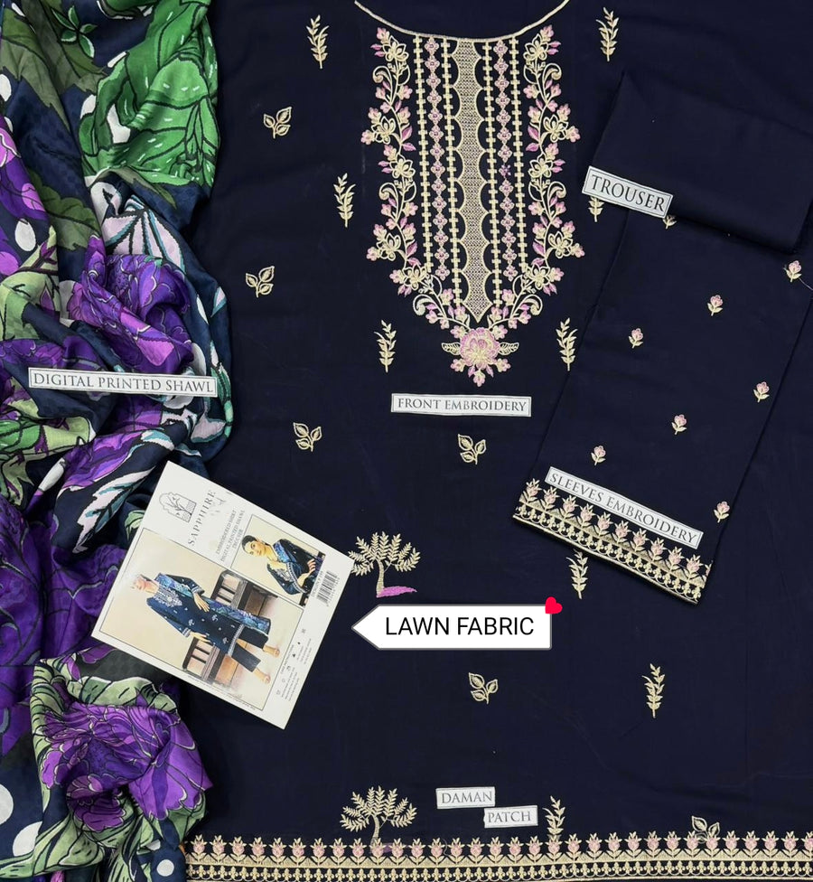 URGE Pure Lawn 3-Piece Navy Blue Embroidered Suit with Digital Printed Purple and Green Dupatta